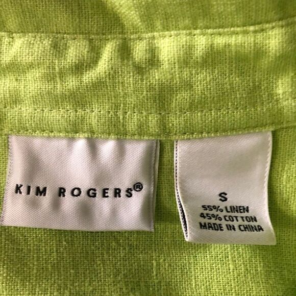 Kim Rogers top Sz S linen blend green square button front tab sleeve side slits - Picture 5 of 8